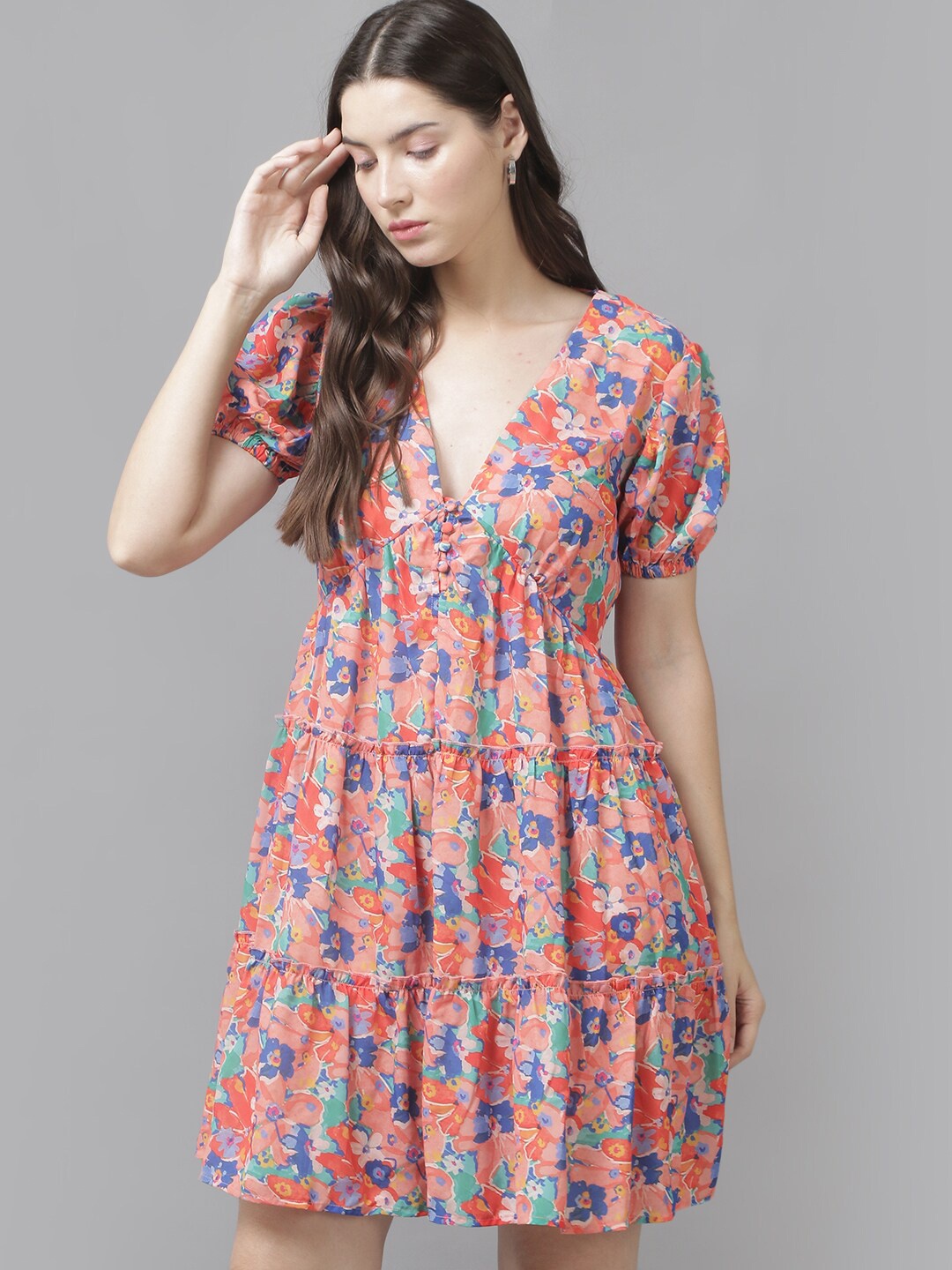 

The Roadster Lifestyle Co. Floral Printed Puff Sleeves Empire Dress, Orange
