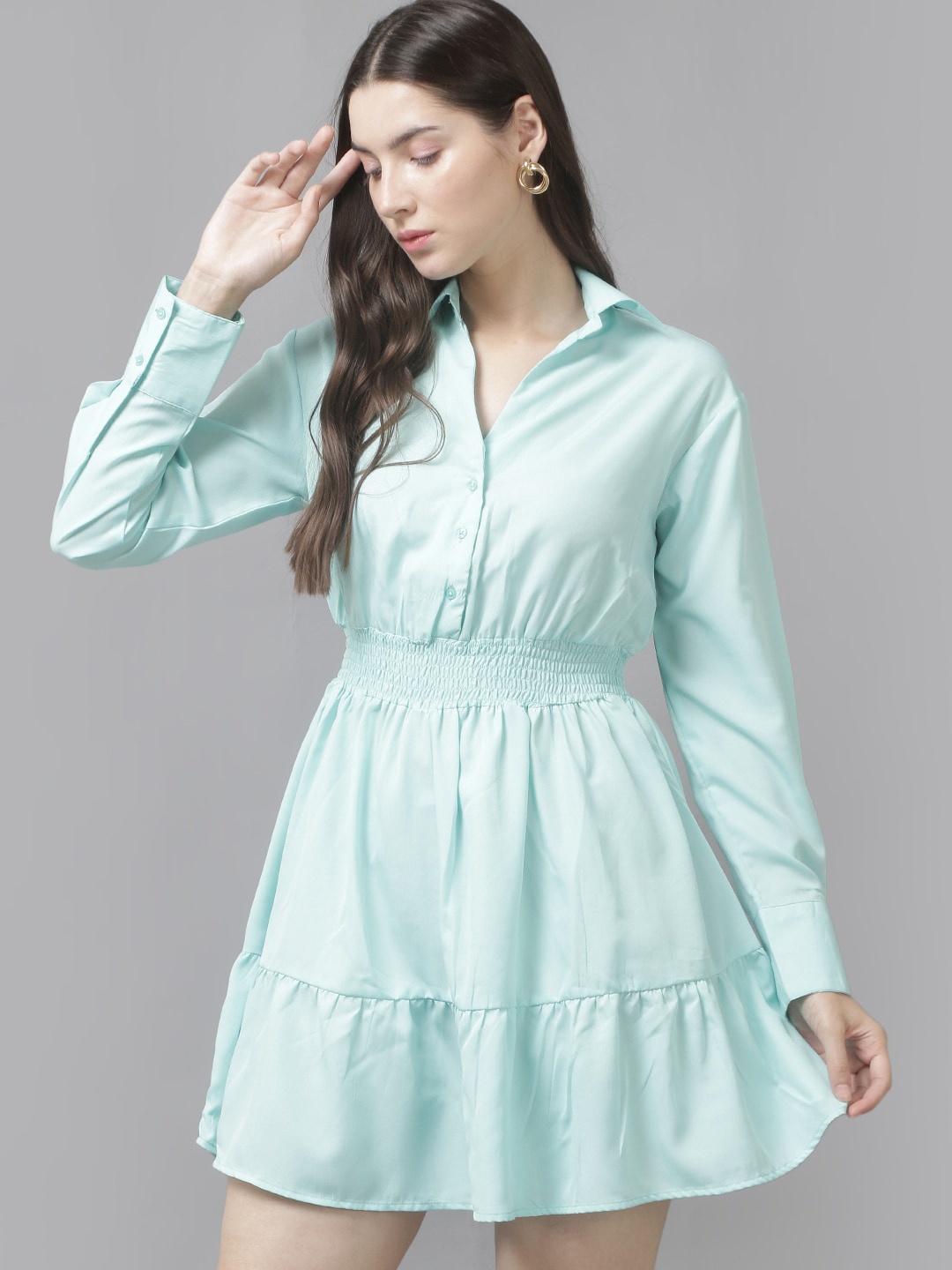 

The Roadster Lifestyle Co. Cuffed Sleeves Smocked Tiered Shirt Style Dress, Blue