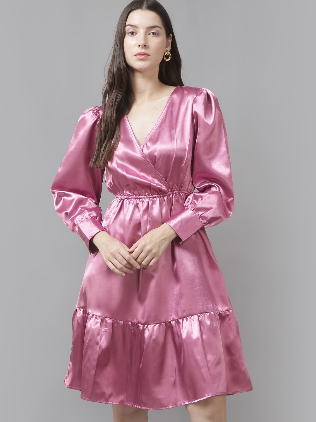 

The Roadster Lifestyle Co. V-Neck Cuffed Sleeves Fit and Flare Dress, Pink