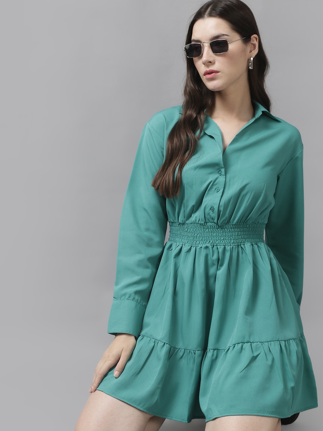 

The Roadster Lifestyle Co. Cuffed Sleeves Smocked Tiered Shirt Style Dress, Teal