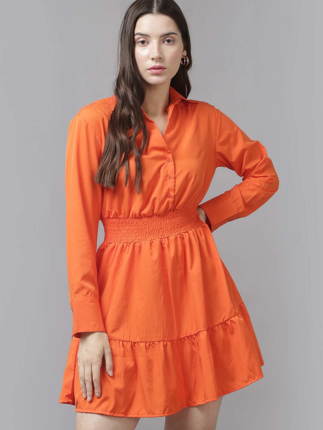 

The Roadster Lifestyle Co. Shirt Collar Fit & Flared Dress, Orange