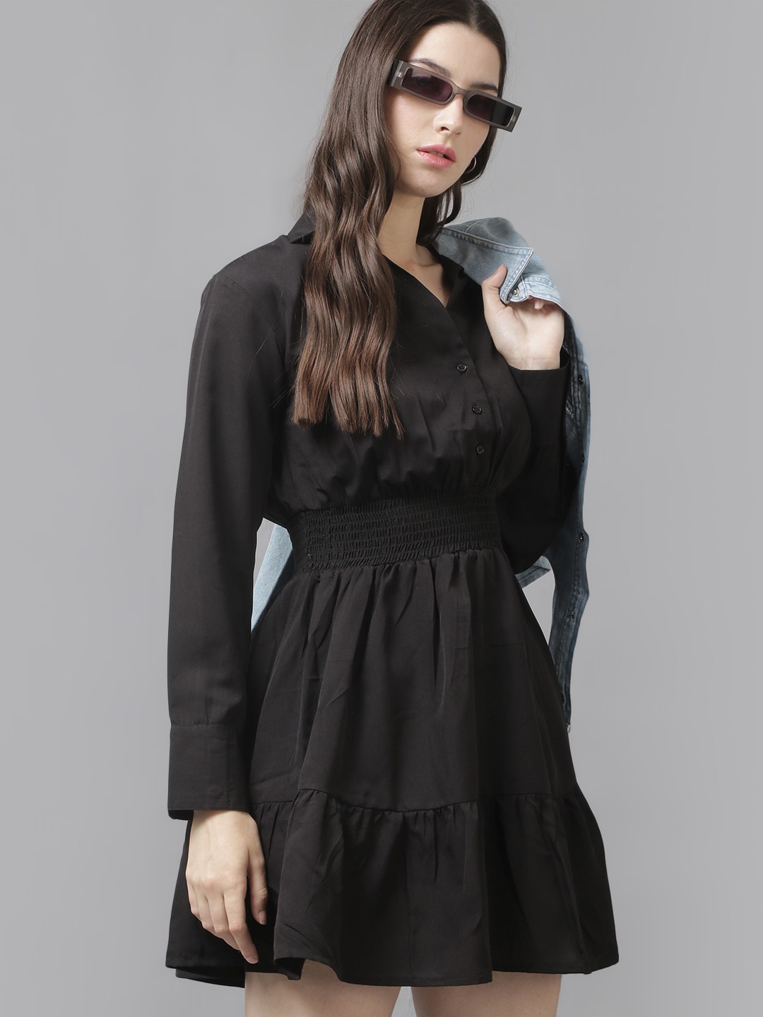 

The Roadster Lifestyle Co. Cuffed Sleeves Smocked Tiered Shirt Style Dress, Black