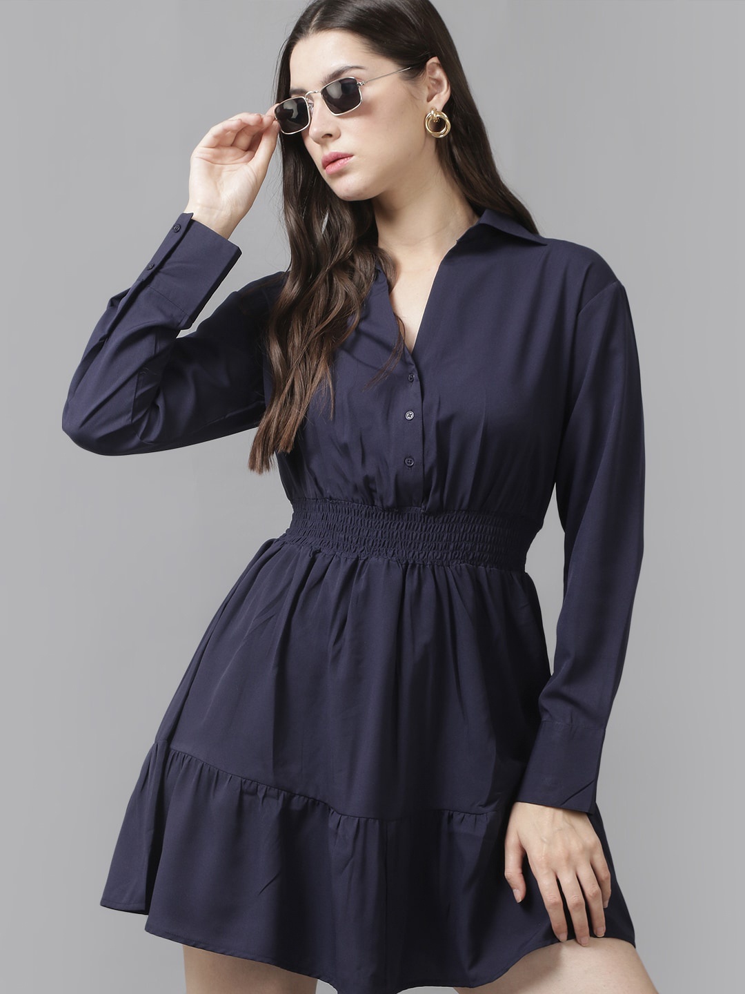 

The Roadster Lifestyle Co. Shirt Collar A Line Dress, Navy blue