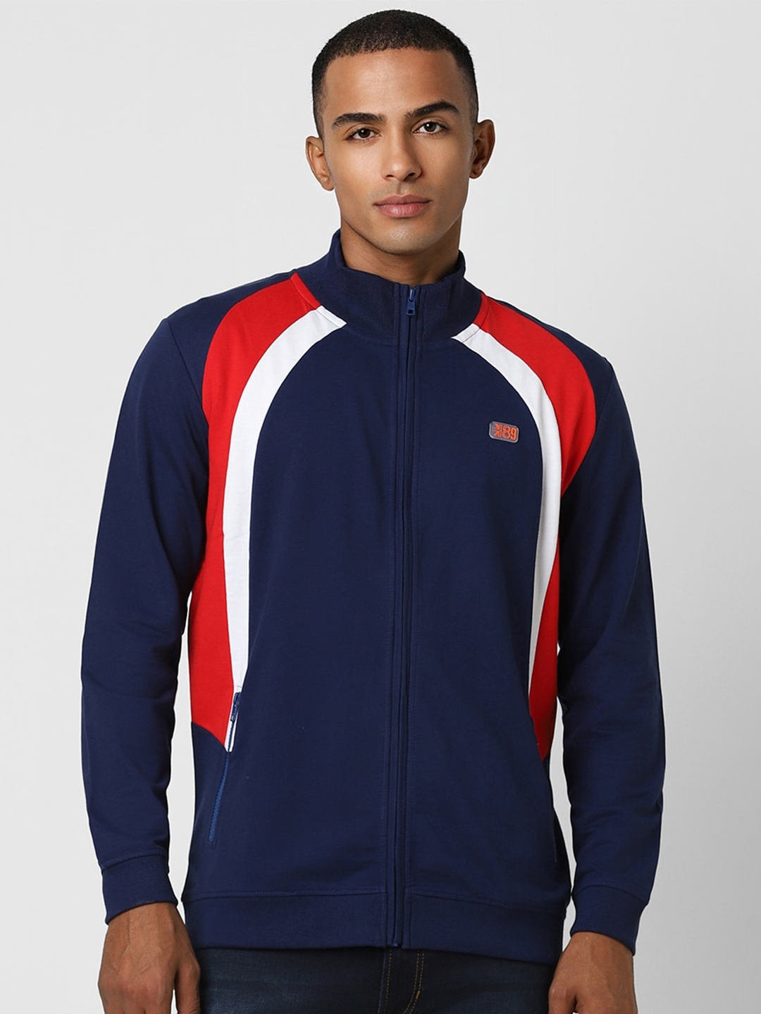 

Peter England Casuals Colourblocked Mock Collar Front Open Sweatshirt, Navy blue