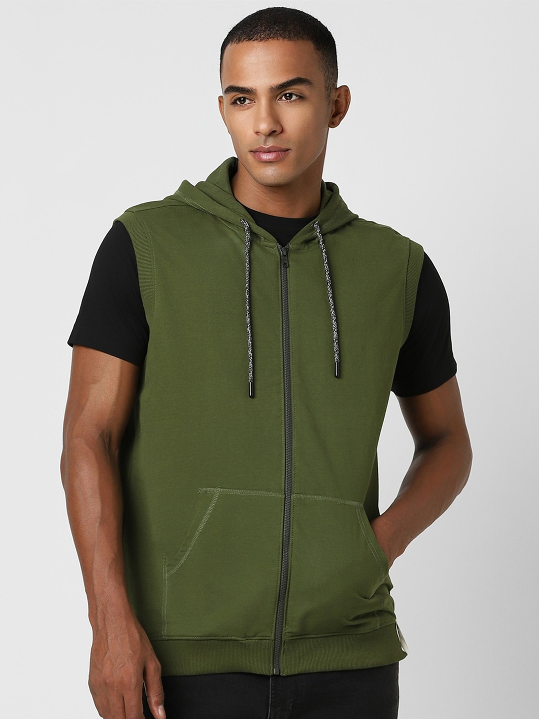 

Peter England Casuals Hooded Neck Sleeveless Front-Open Sweatshirt, Olive