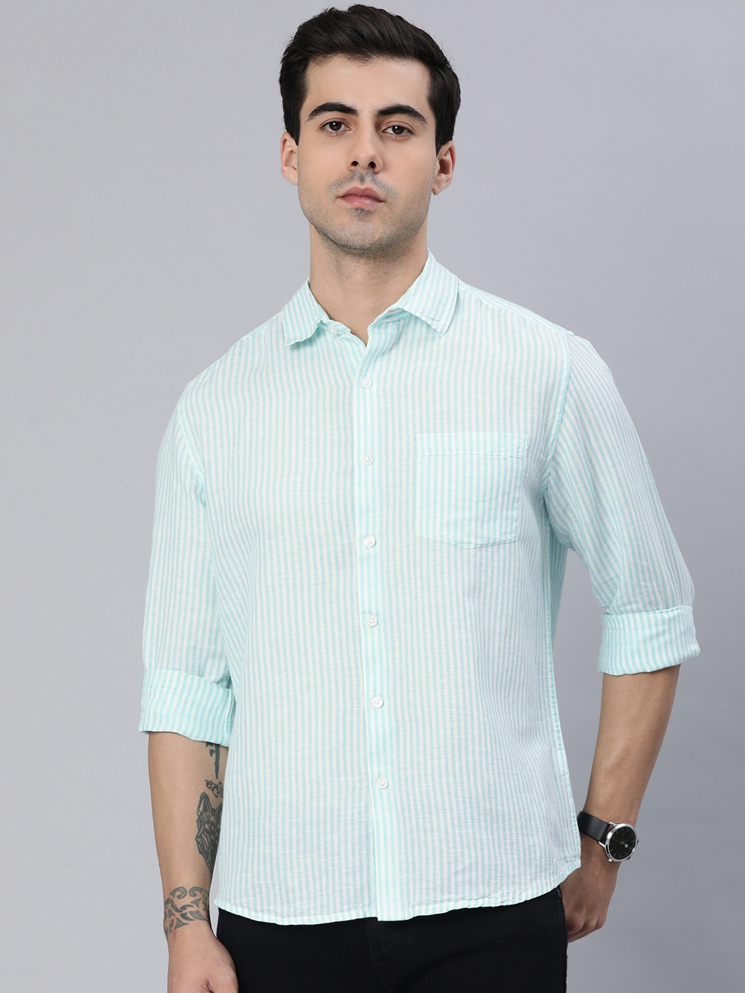 

VASTRADO Men Classic Slim Fit Vertical Striped Casual Shirt, Turquoise blue