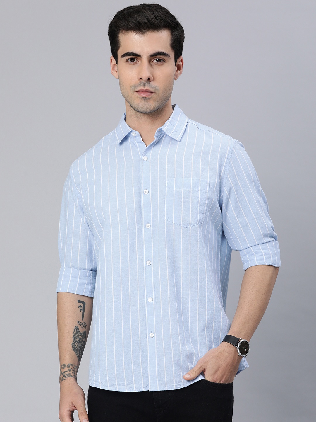 

VASTRADO Men Classic Slim Fit Vertical Striped Casual Shirt, Blue