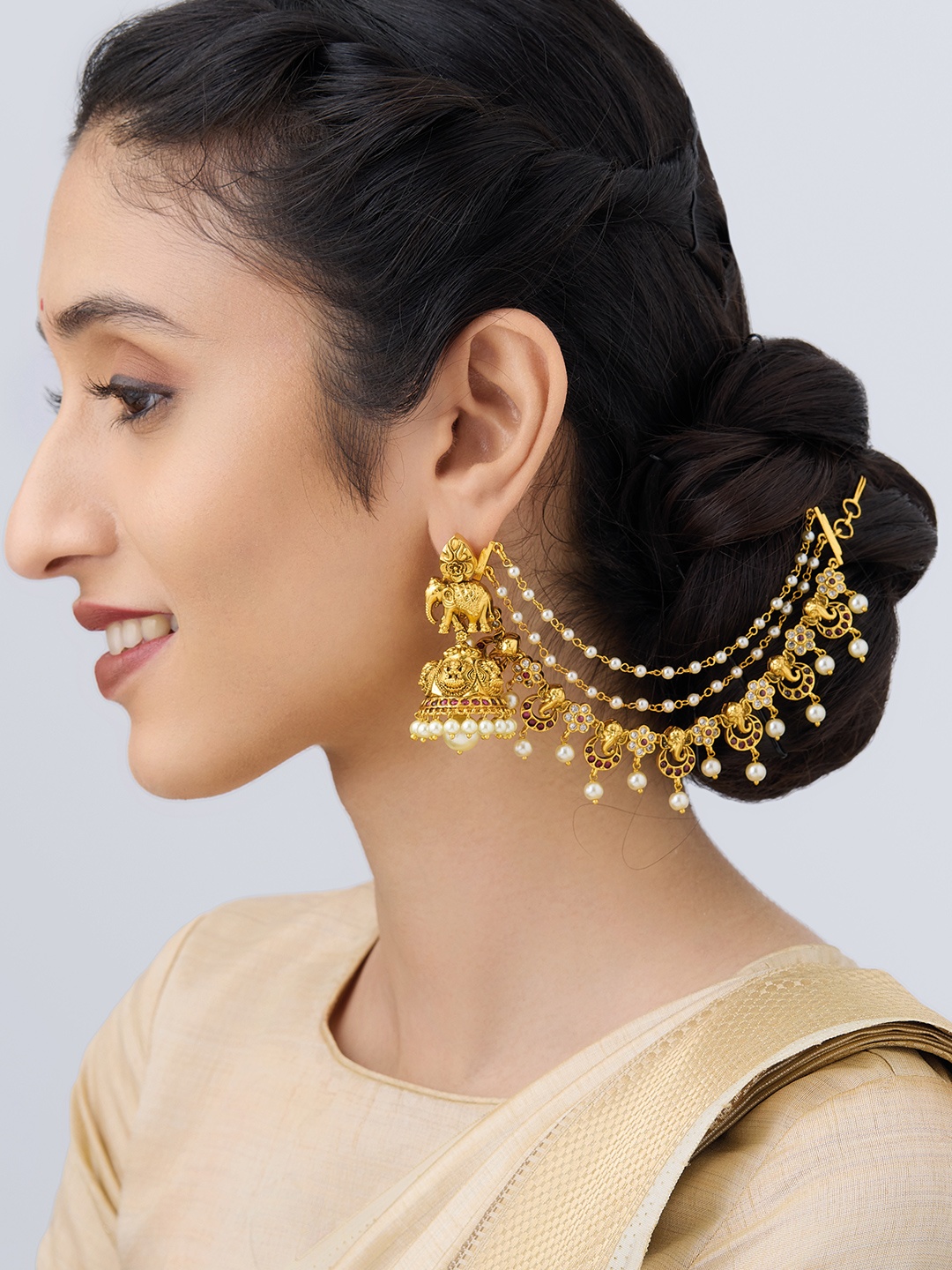 

Kushal's Fashion Jewellery Gold-Plated Ruby Studded Beaded Antique Ear Cuff