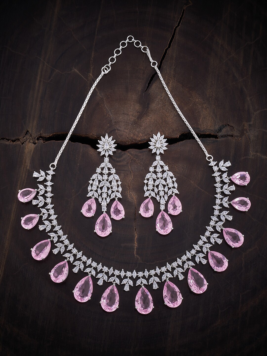 

Kushal's Fashion Jewellery Rhodium-Plated CZ Stone-Studded Necklace & Earrings, Silver