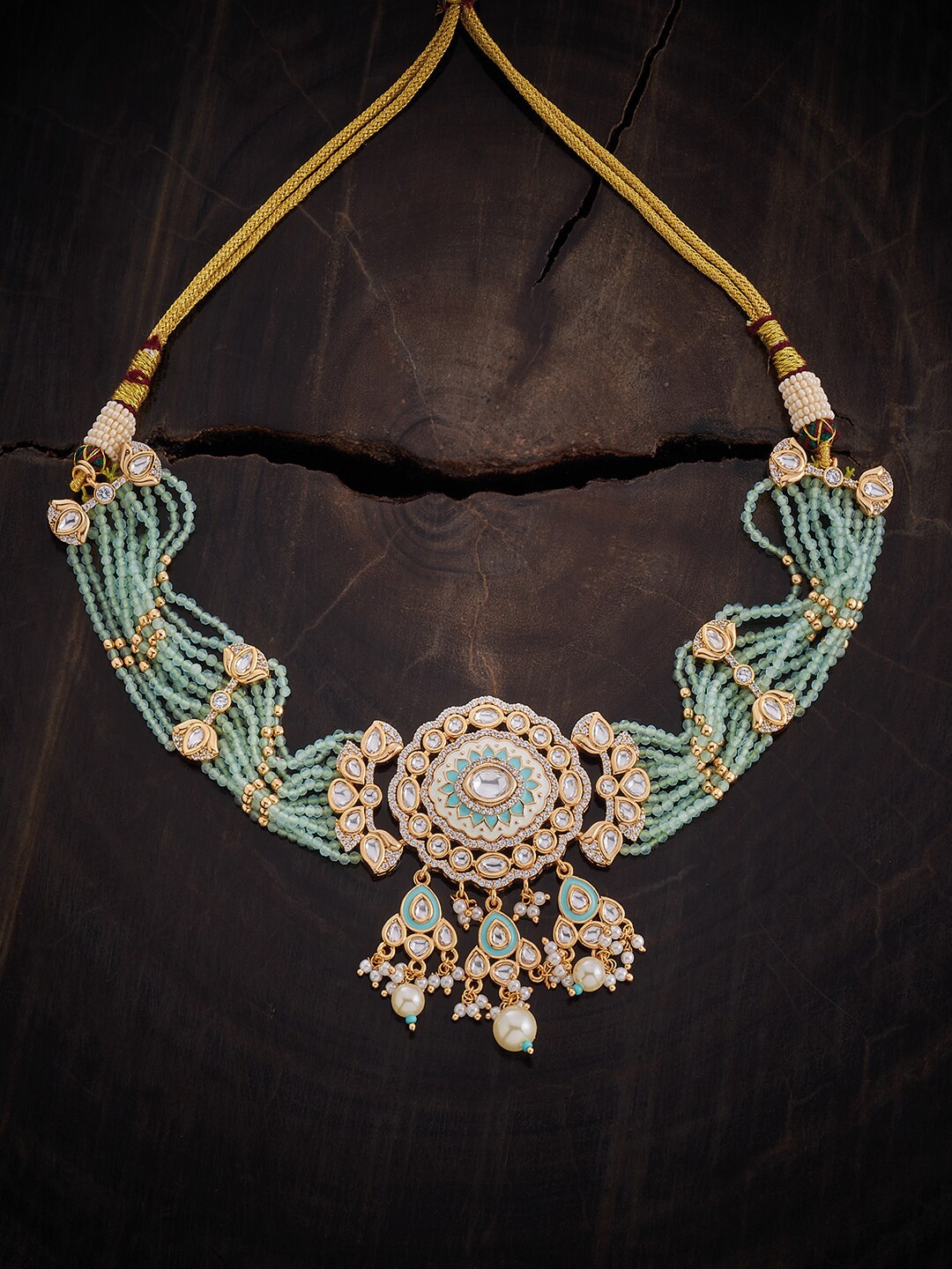 

Kushal's Fashion Jewellery Kundan Studded & Beaded Necklace, Gold