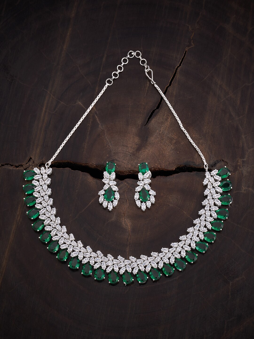 

Kushal's Fashion Jewellery Rhodium-Plated Cubic Zirconia Stone-Studded Jewellery Set, Silver