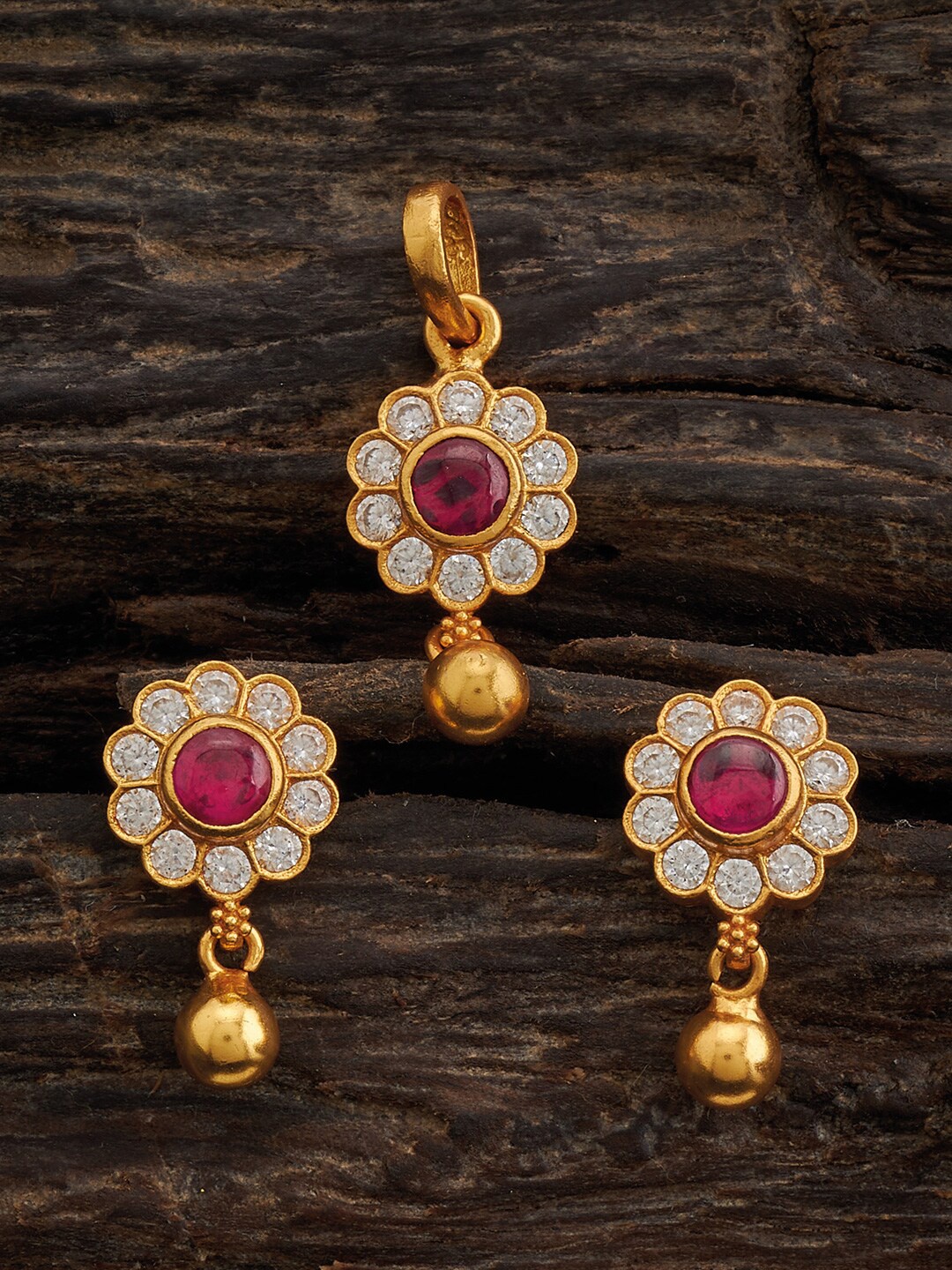 

Kushal's Fashion Jewellery 92.5 Pure Silver Gold-Plated Stone-Studded Jewellery Set, Red