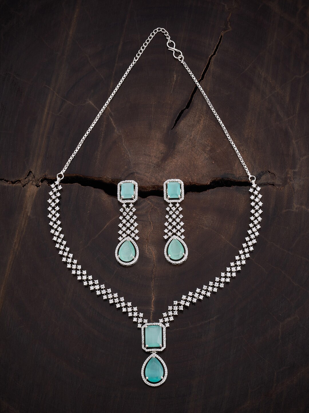 

Kushal's Fashion Jewellery Rhodium-Plated Cubic Zirconia Stone-Studded Jewellery Set, Silver