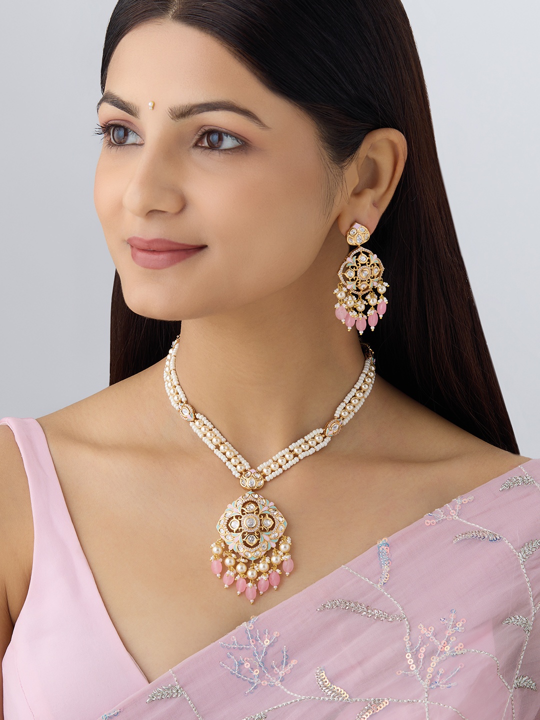 

Kushal's Fashion Jewellery Kundan-Studded & Beaded Jewellery Set, Pink