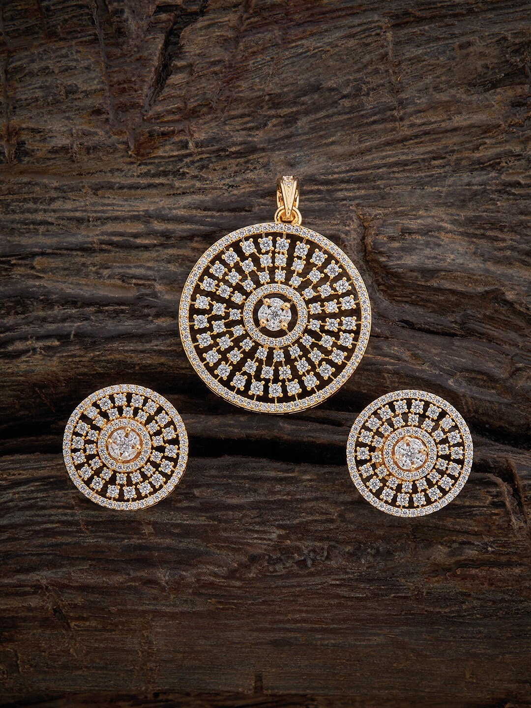 

Kushal's Fashion Jewellery Gold-Plated Cubic Zirconia Studded Pendant With Earrings