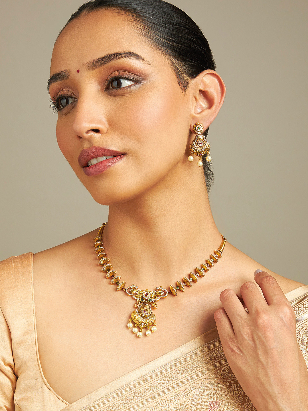 

Kushal's Fashion Jewellery Gold-Plated CZ Stone-Studded Necklace & Earrings
