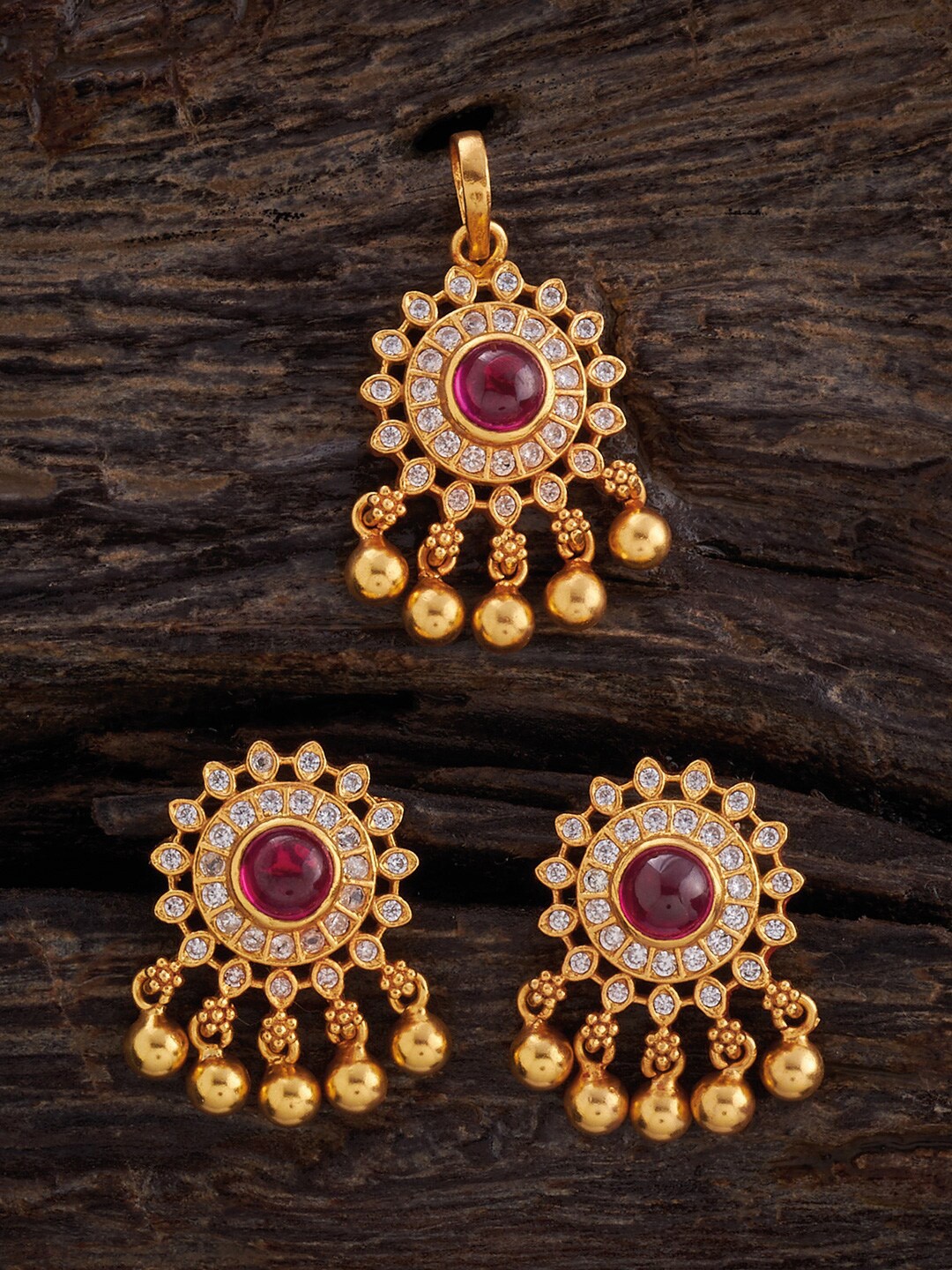 

Kushal's Fashion Jewellery 92.5 Pure Silver Gold-Plated Stone-Studded Pendant and Earrings