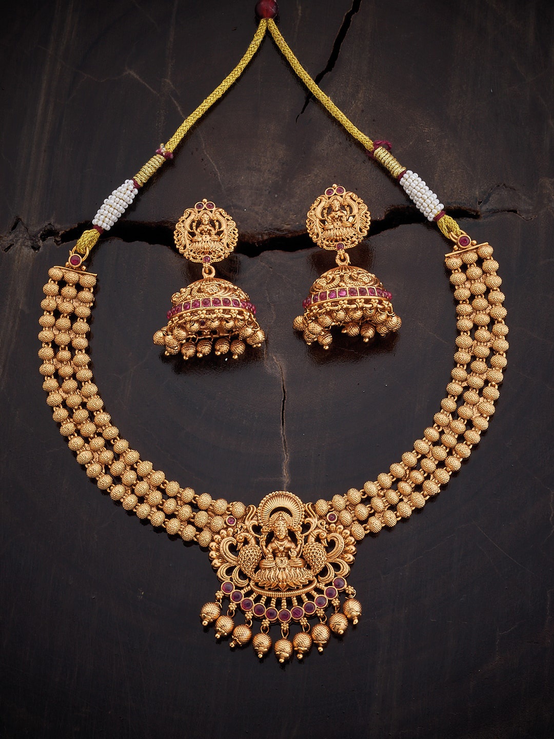 

Kushal's Fashion Jewellery Ruby Gold-Plated Stones-Studded Ethnic Antique Jewellery Set, Red