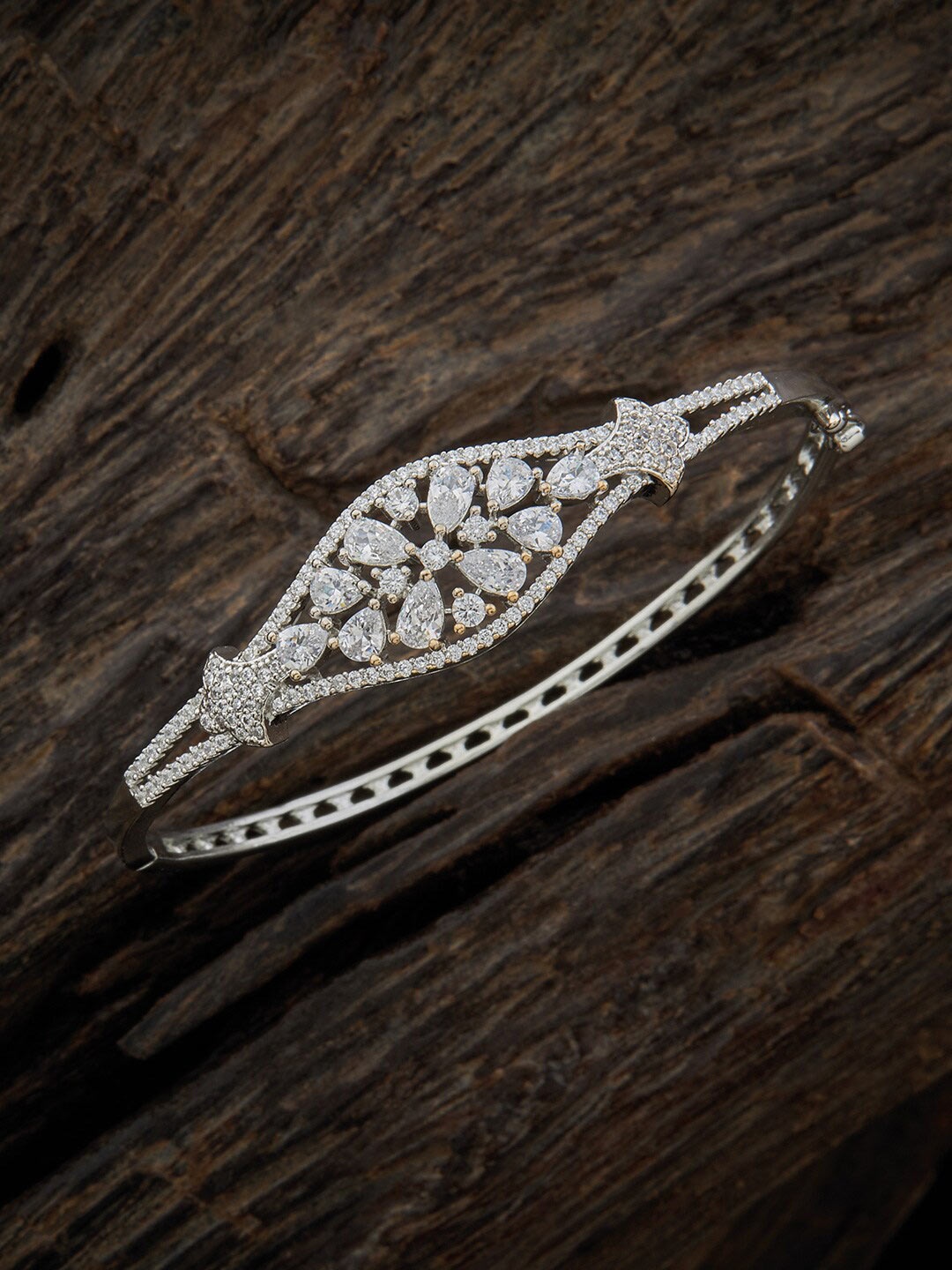 

Kushal's Fashion Jewellery Rhodium-Plated Cubic Zirconia Studded Kada Bracelet, Silver