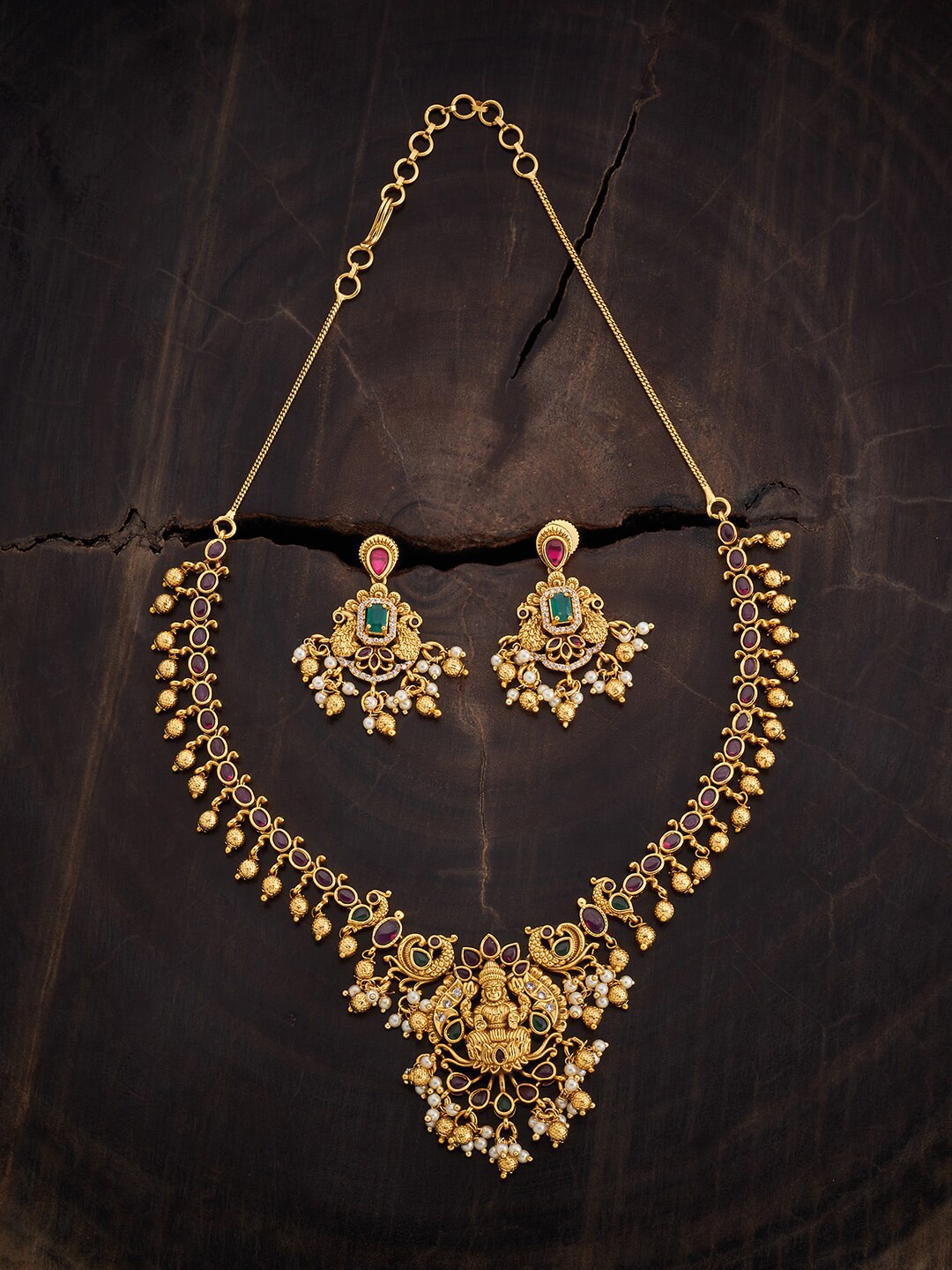 

Kushal's Fashion Jewellery Gold-Plated Stones-Studded & Beaded Antique Necklace & Earrings, Red