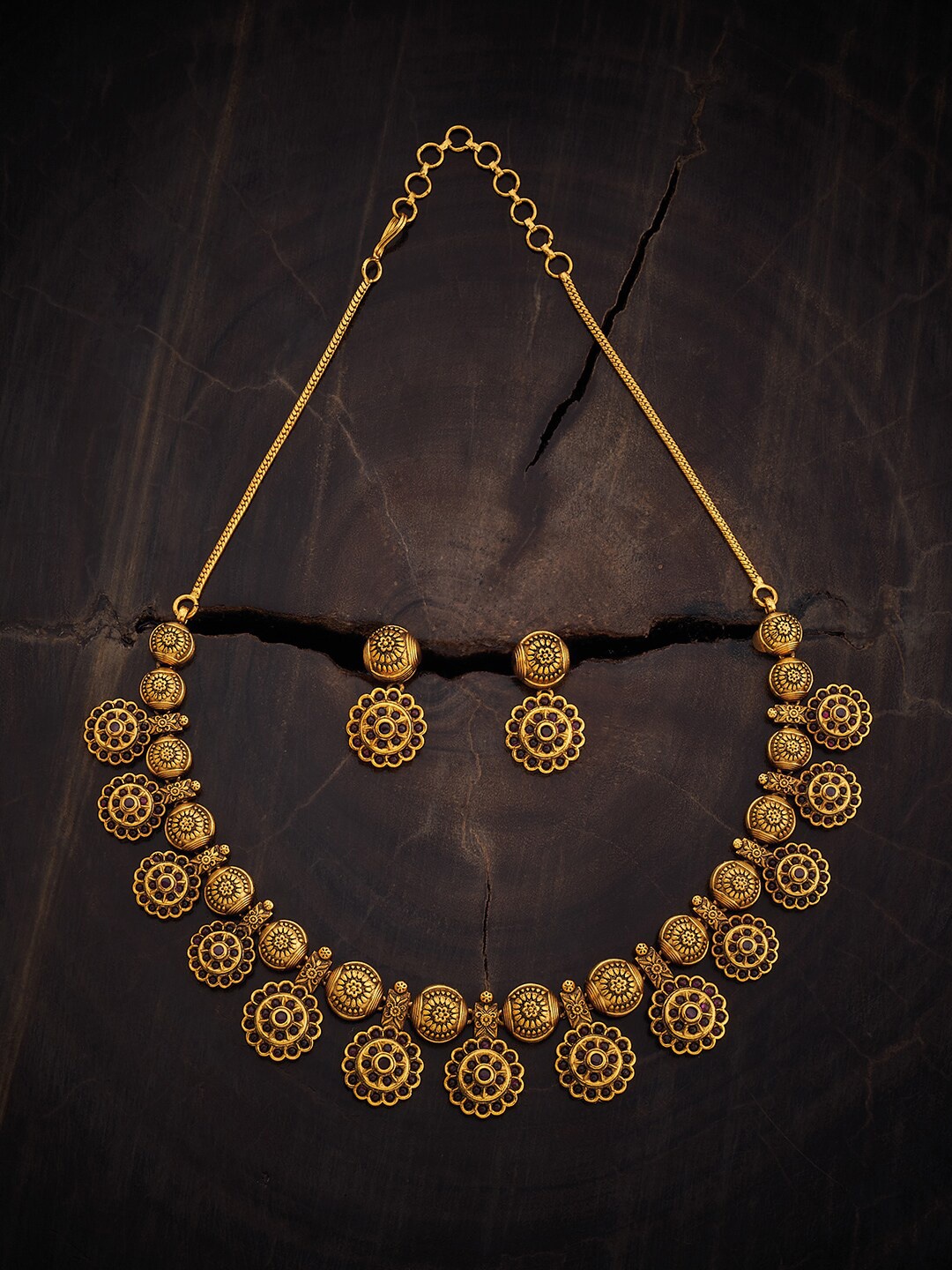 

Kushal's Fashion Jewellery Gold-Plated Stone-Studded Ethnic Antique Necklace & Earrings, Red