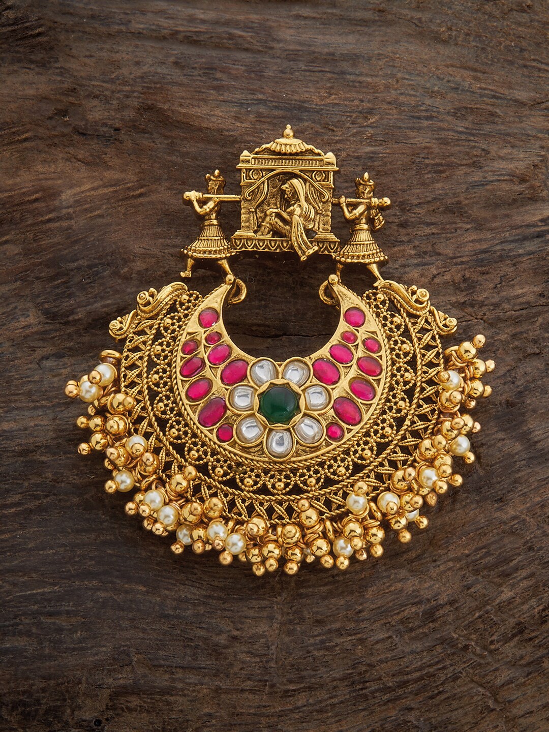 

Kushal's Fashion Jewellery Gold-Plated Stones & Pearls 92.5 Pure Silver Temple Pendant