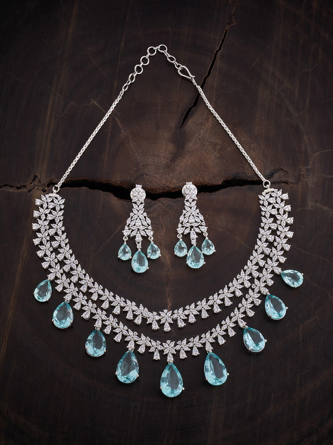

Kushal's Fashion Jewellery Rhodium Plated CZ Studded Jewellery Set, Silver