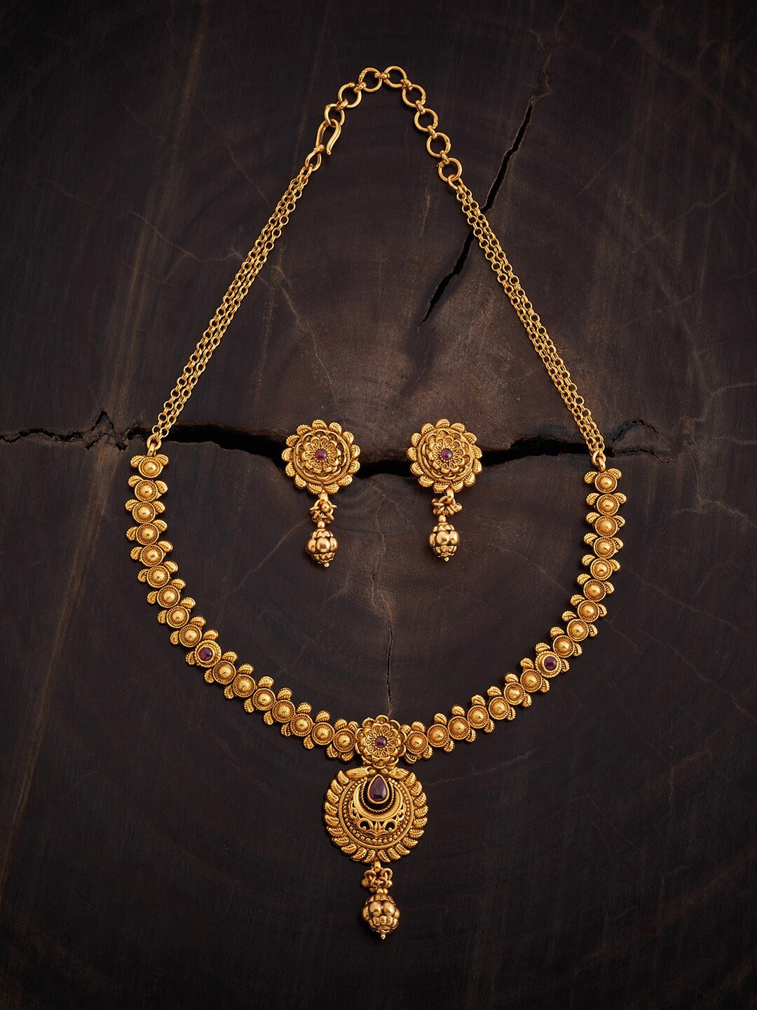 

Kushal's Fashion Jewellery Ruby Gold-Plated Stones Studded Ethnic Antique Jewellery Set