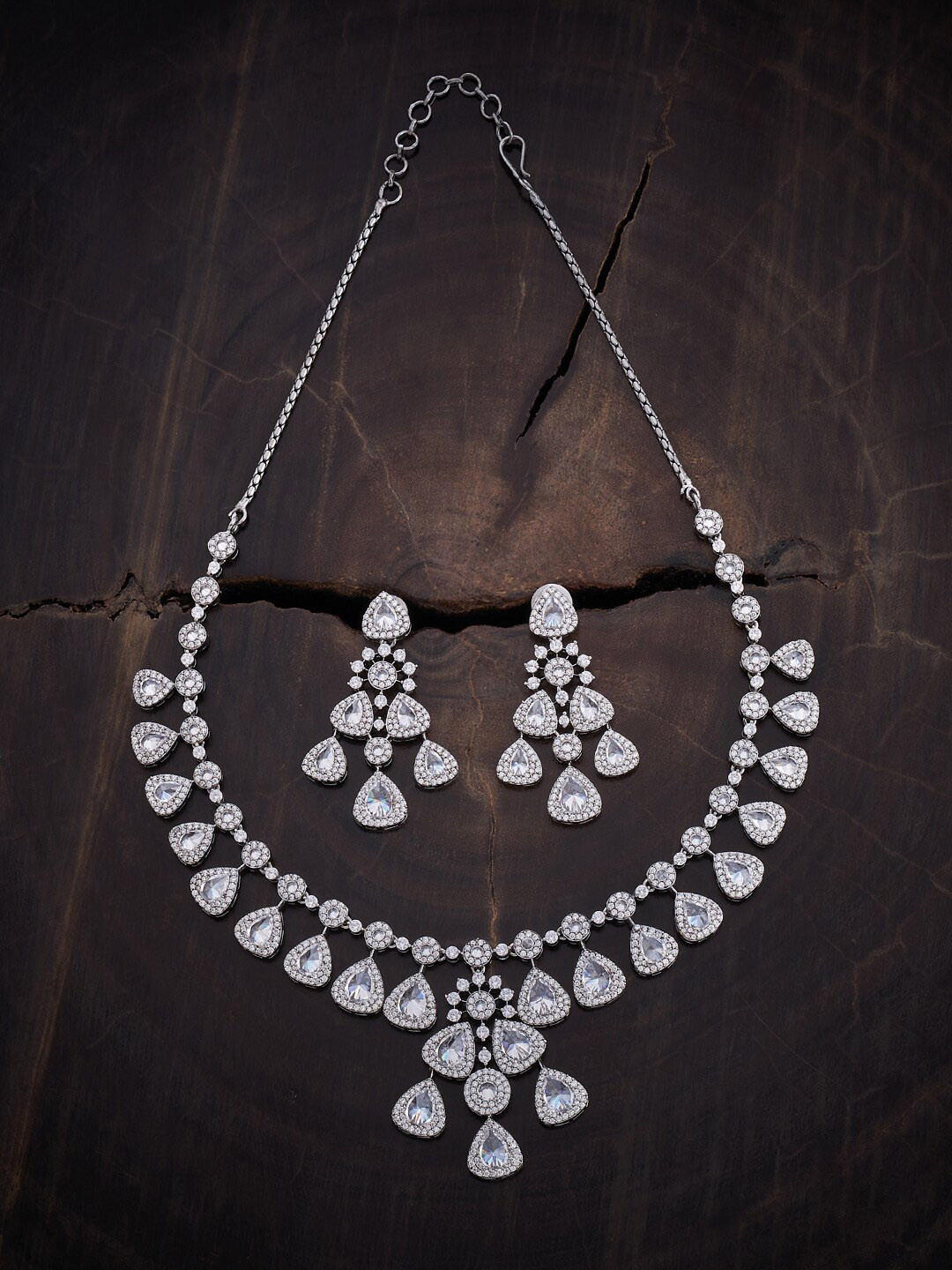 

Kushal's Fashion Jewellery Rhodium Plated CZ Studded Jewellery Set, Silver