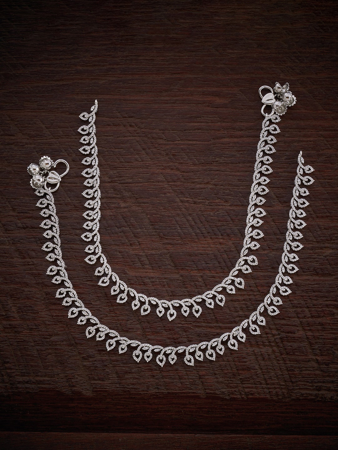 

Kushal's Fashion Jewellery Set Of 2 Rhodium-Plated Zircon-Studded Anklets, Silver