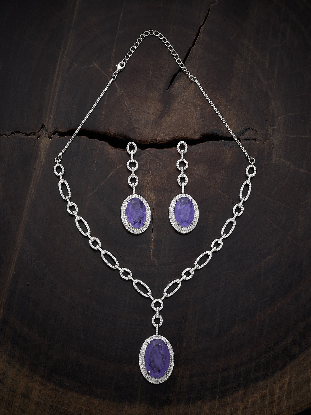 

Kushal's Fashion Jewellery Rhodium Plated CZ Studded Necklace & Earrings, Lavender