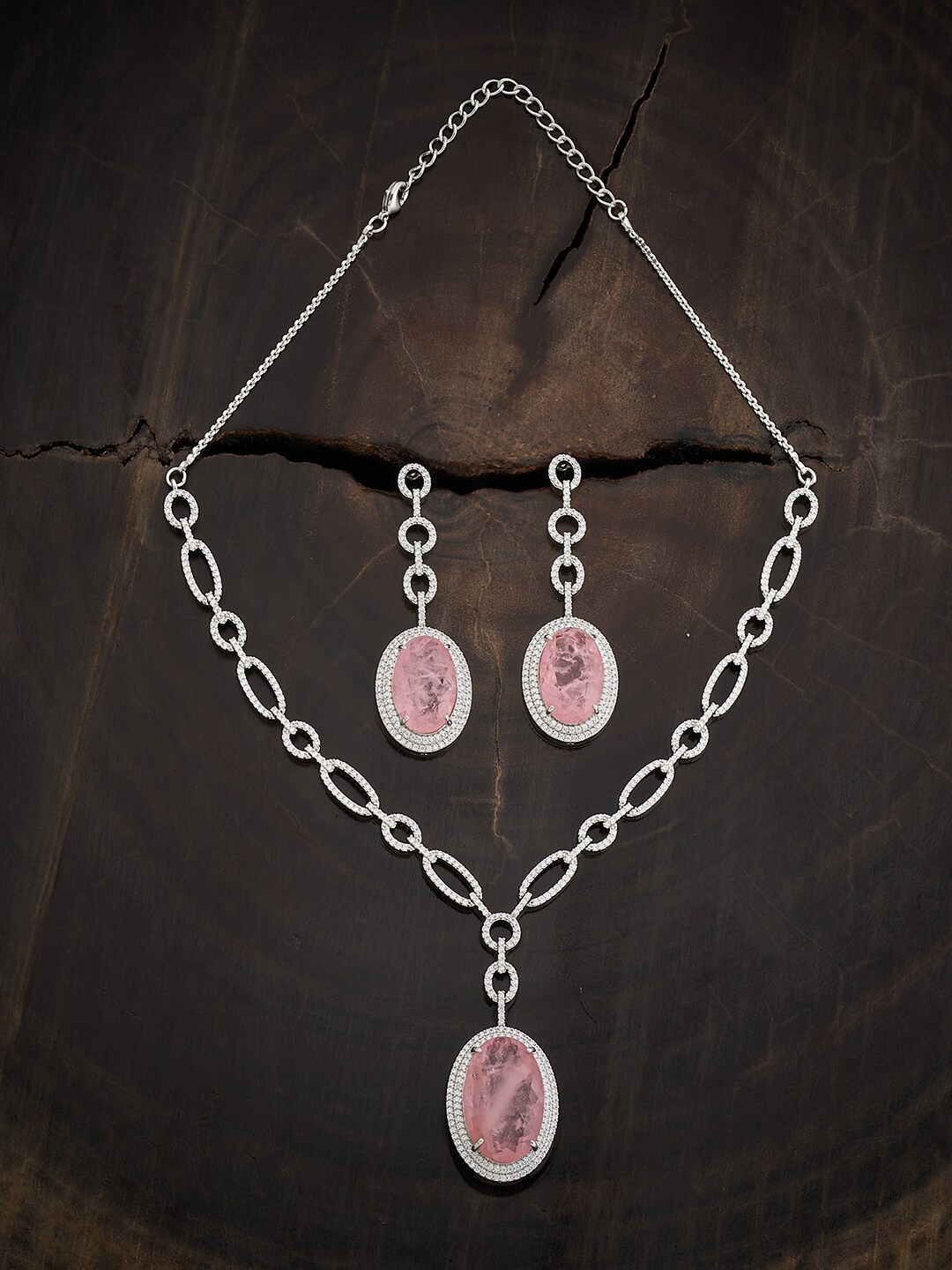 

Kushal's Fashion Jewellery Rhodium Plated CZ Studded Necklace & Earrings, Silver