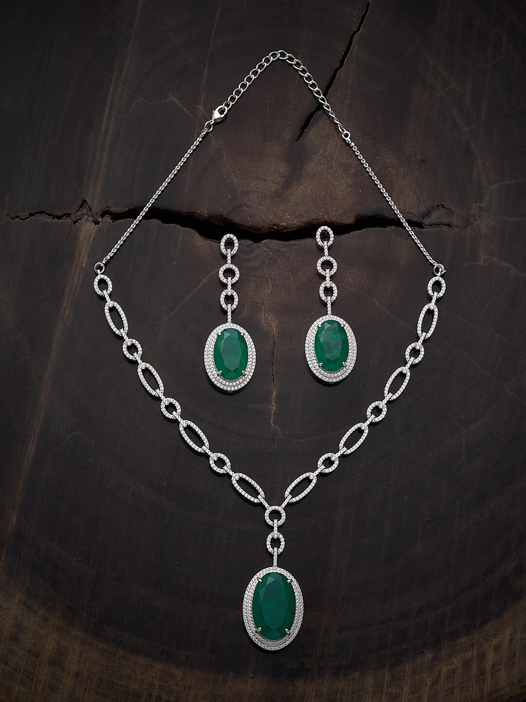 

Kushal's Fashion Jewellery Rhodium Plated CZ Studded Jewellery Set, Green