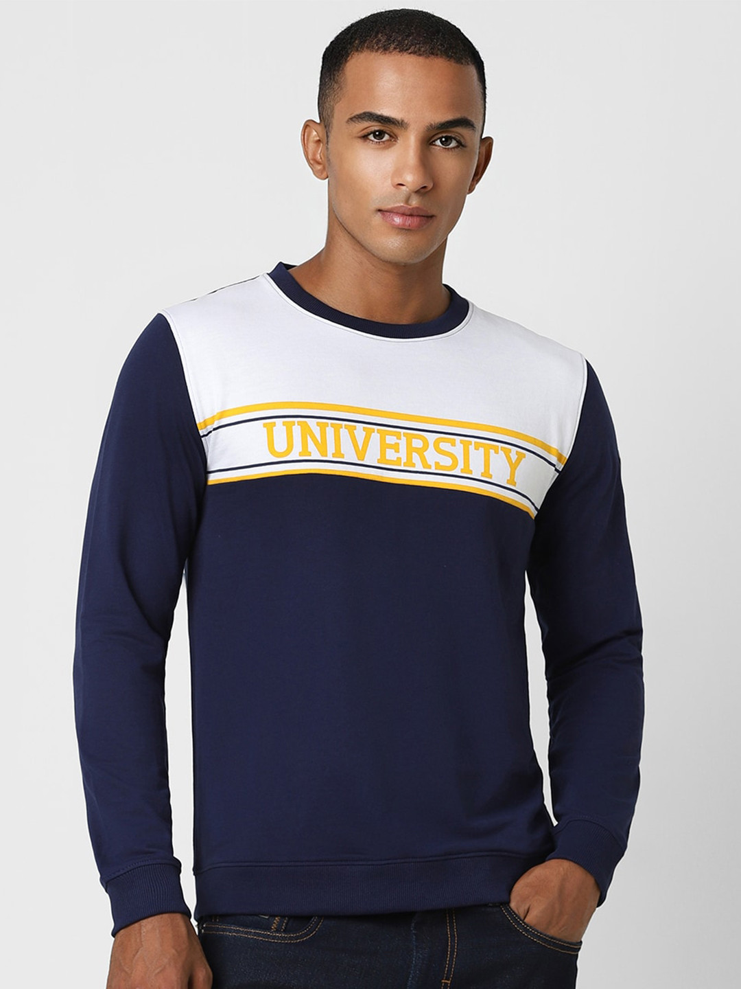 

PETER ENGLAND UNIVERSITY Colourbocked Crew Neck Long Sleeve Pullover Sweatshirt, Navy blue