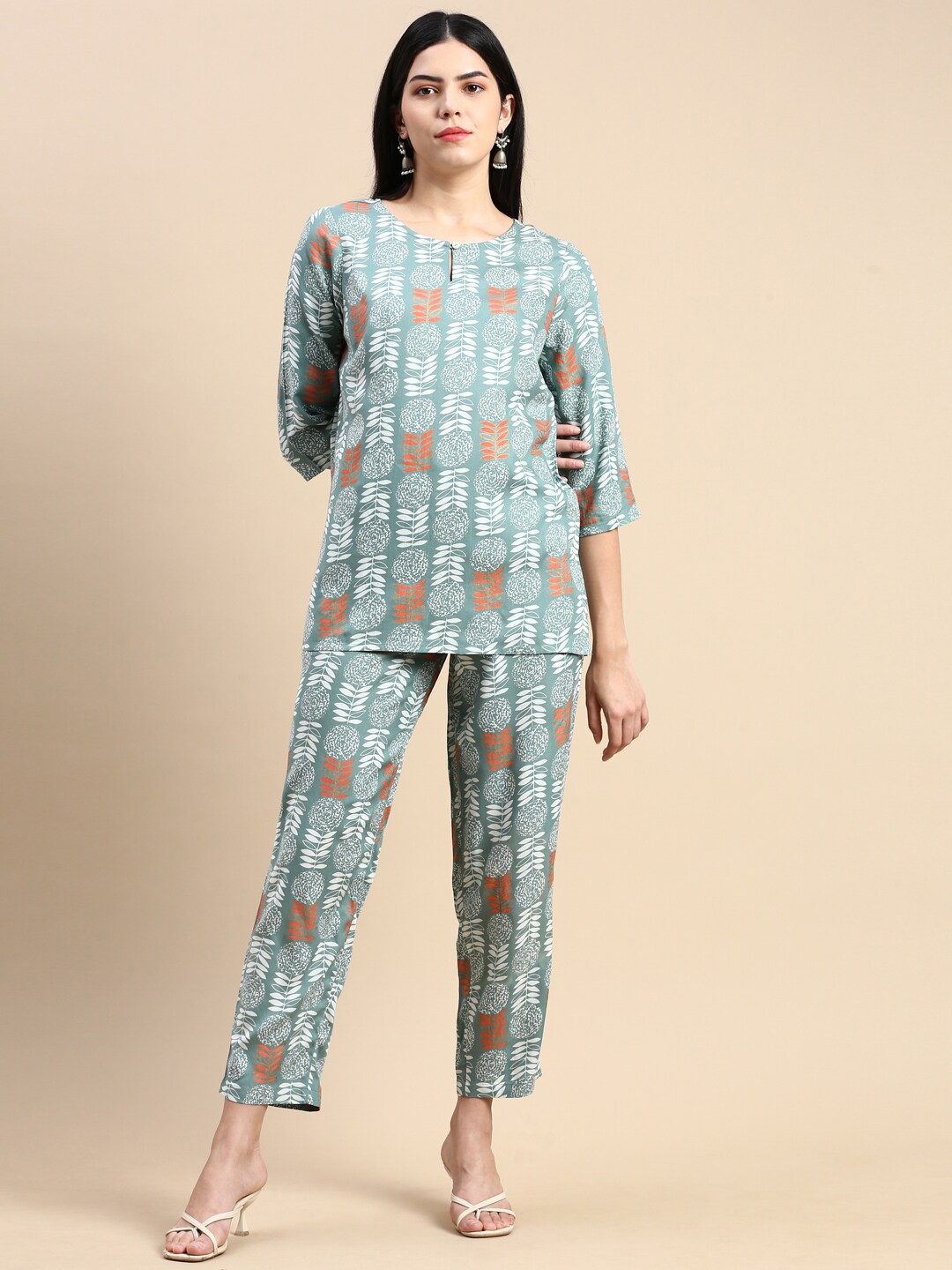 

De Moza Ethnic Motifs Printed Tunic & Trouser, Green