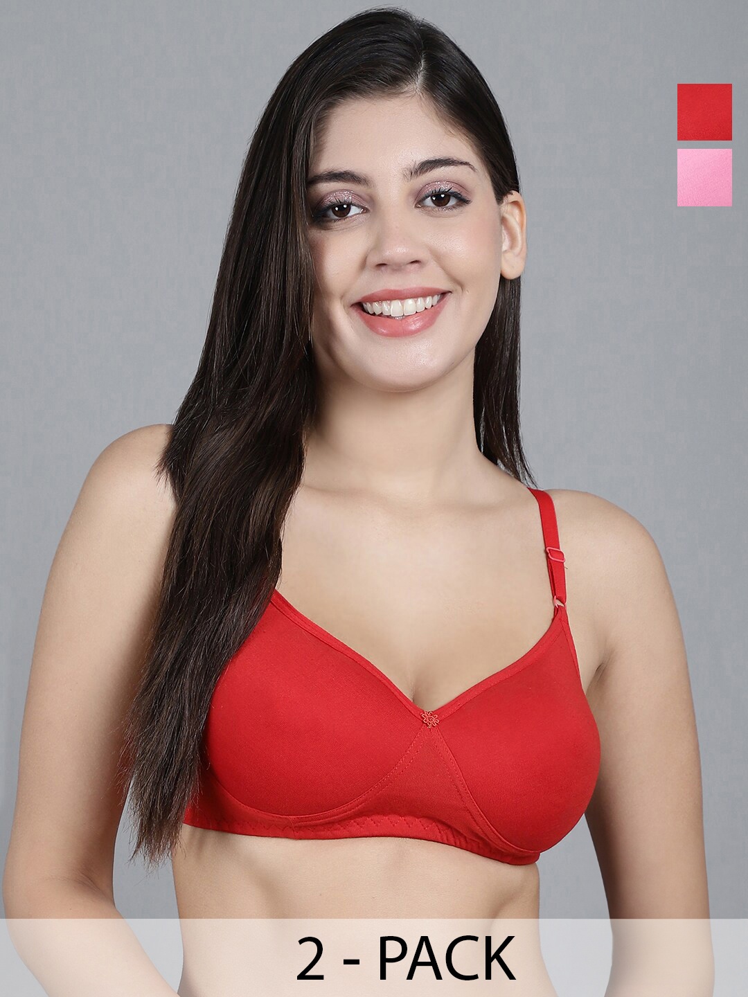 

GRACIT Pack Of 2 Push-Up Bra Medium Coverage Side Shaper Non-Wired Lightly Padded, Red