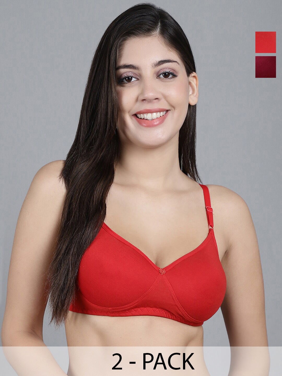 

GRACIT Pack Of 2 Medium Coverage Lightly Padded Push-Up Bras with Side Shaper, Red