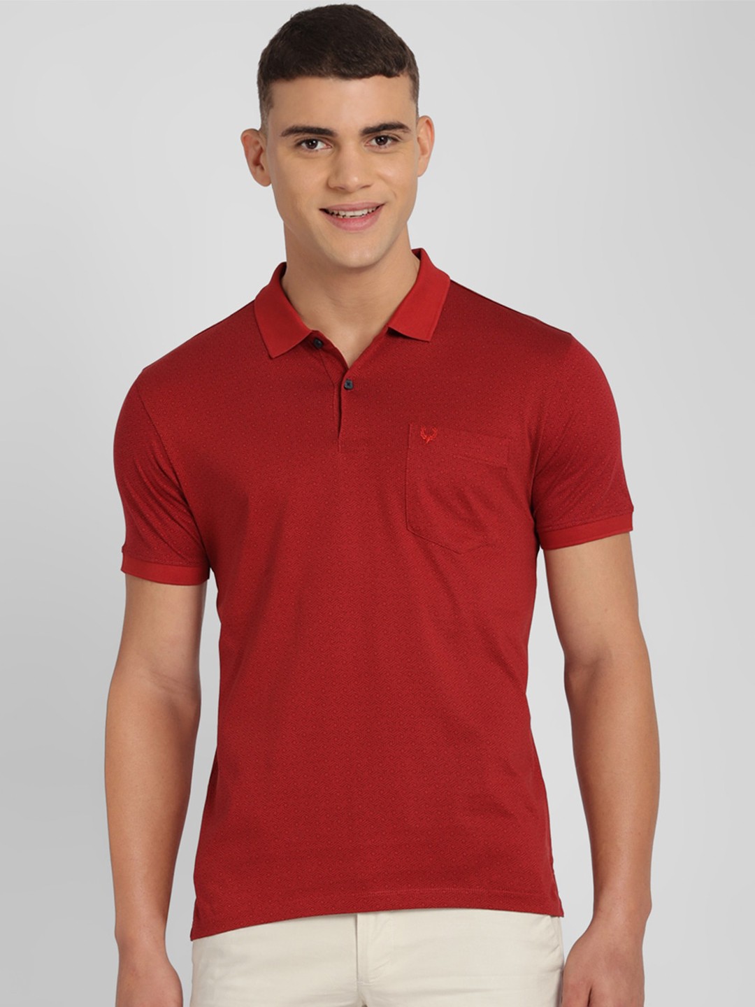 

Allen Solly Geometric Printed Polo Collar Pockets Pure Cotton T-shirt, Red