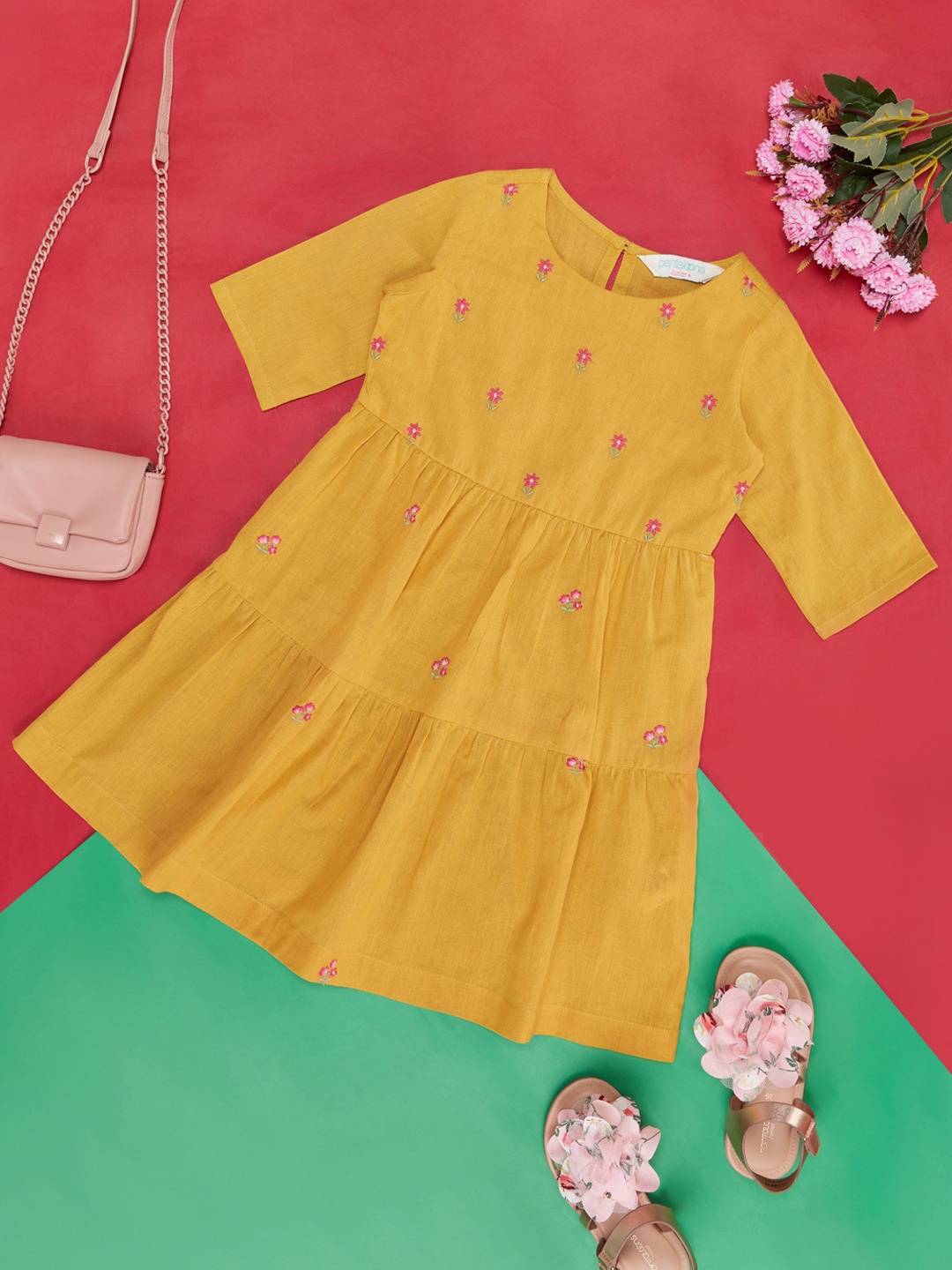 

AKKRITI BY PANTALOONS Girls Floral Embroidered Cotton Maxi Dress, Mustard