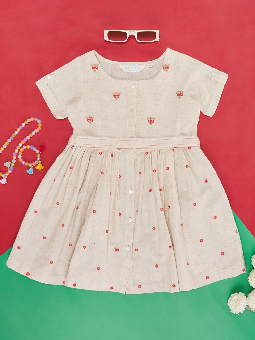 

AKKRITI BY PANTALOONS Girls Floral Embroidered Cotton Fit & Flare Dress, Off white