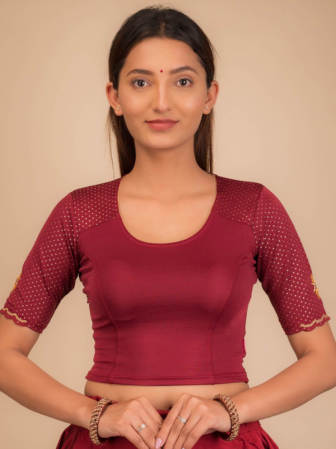 

Bindigasm's Advi Woven Design Thread Work Jacquard Stretchable Saree Blouse, Maroon