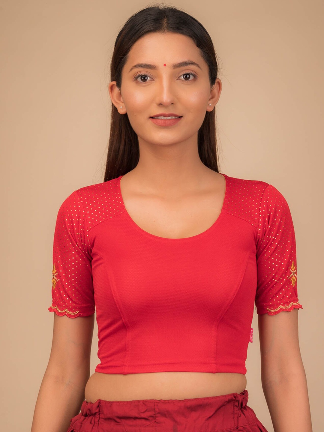 

Bindigasm's Advi Embroidered Jacquard Saree Blouse with Cut Outs, Red