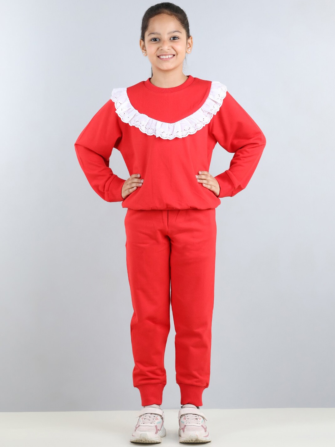 

AWW HUNNIE Girls Round Neck Lace Inserted Sweatshirt & Mid-Rise Joggers, Red