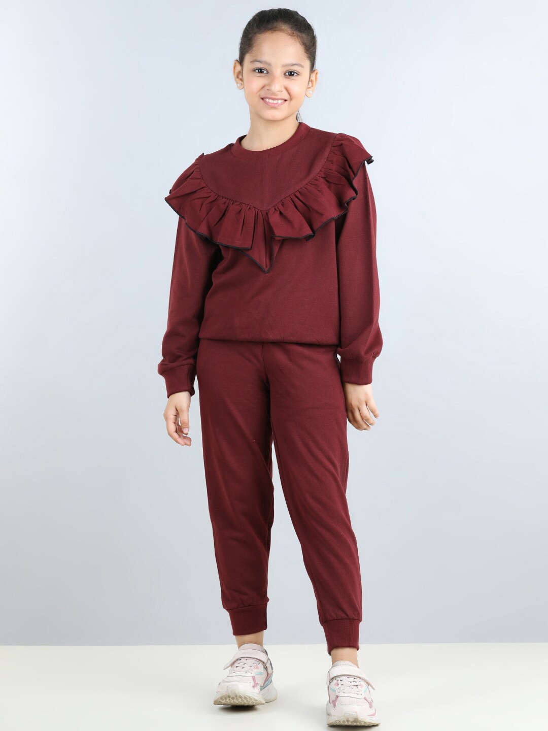 

AWW HUNNIE Girls Round Neck Ruffled Sweatshirt & Mid-Rise Joggers, Maroon