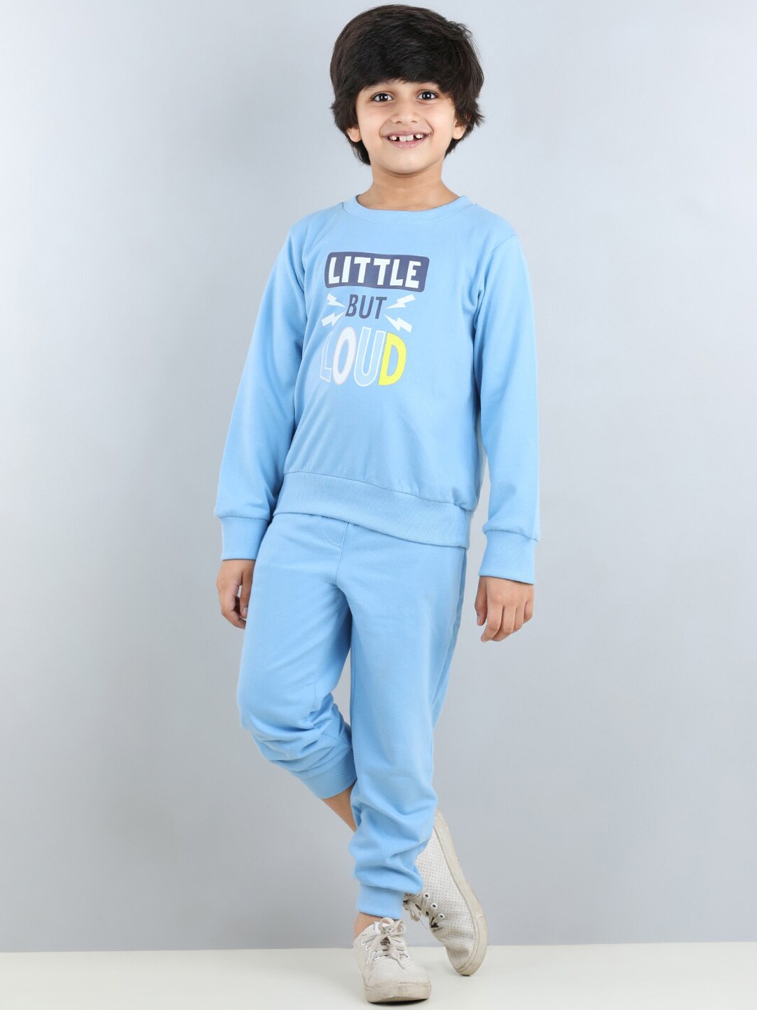 

AWW HUNNIE Boys Typography Printed Round Neck Sweatshirt & Mid-Rise Joggers, Blue