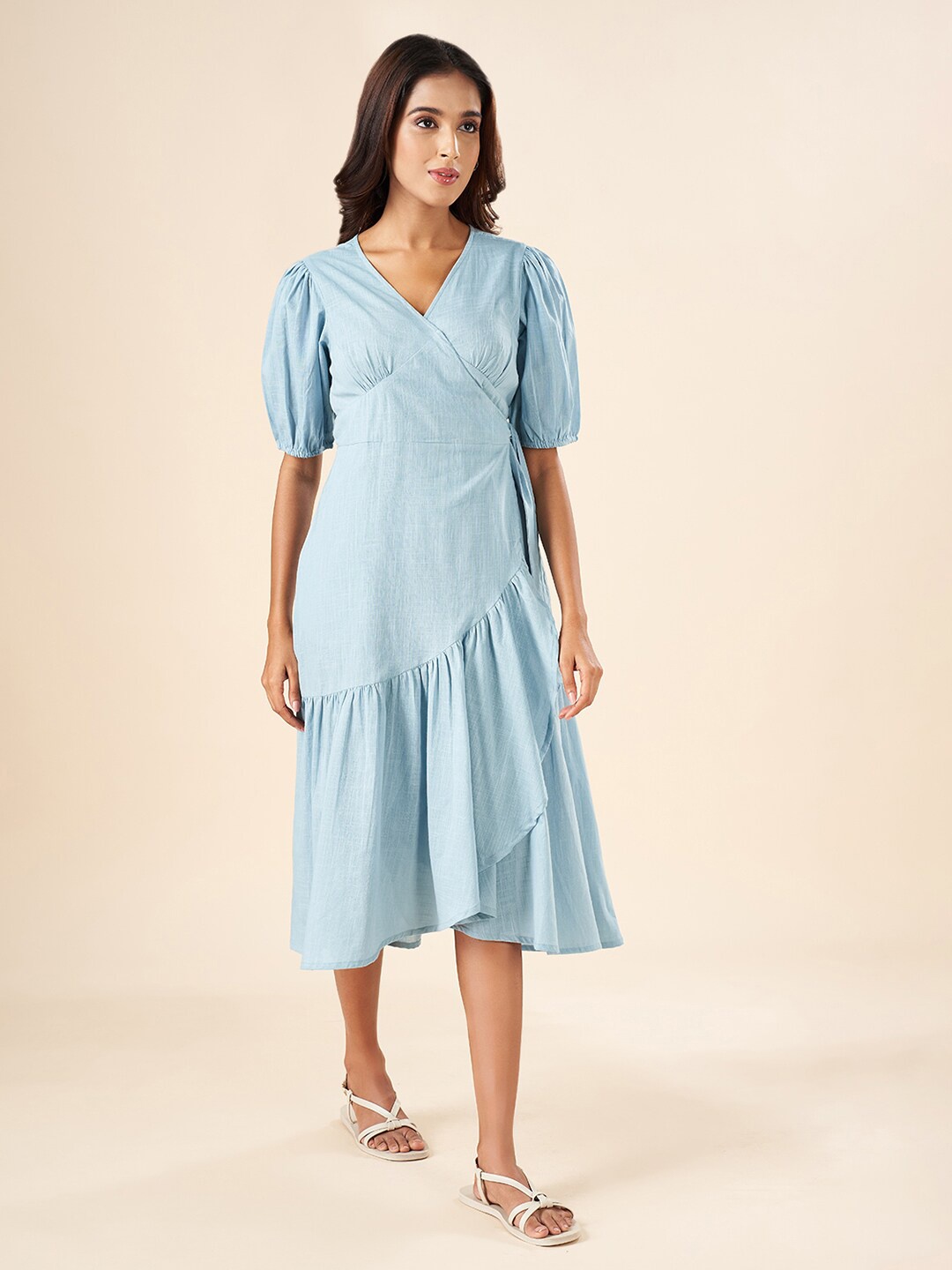 

AKKRITI BY PANTALOONS V-Neck Puff Sleeve Cotton A-Line Midi Dress, Blue