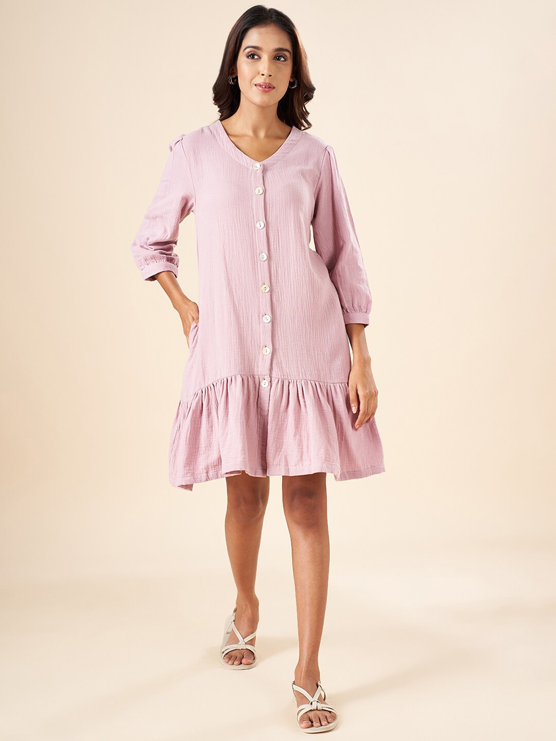 

AKKRITI BY PANTALOONS V-Neck Puff Sleeve Drop-Waist Dress, Lavender