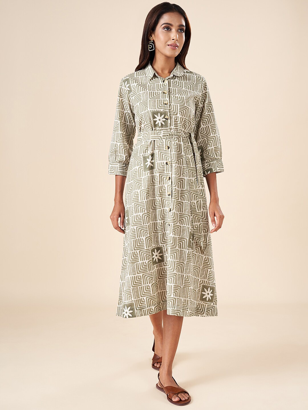

AKKRITI BY PANTALOONS Geometric Printed Cuffed Sleeves Cotton Shirt Midi Dress, Off white