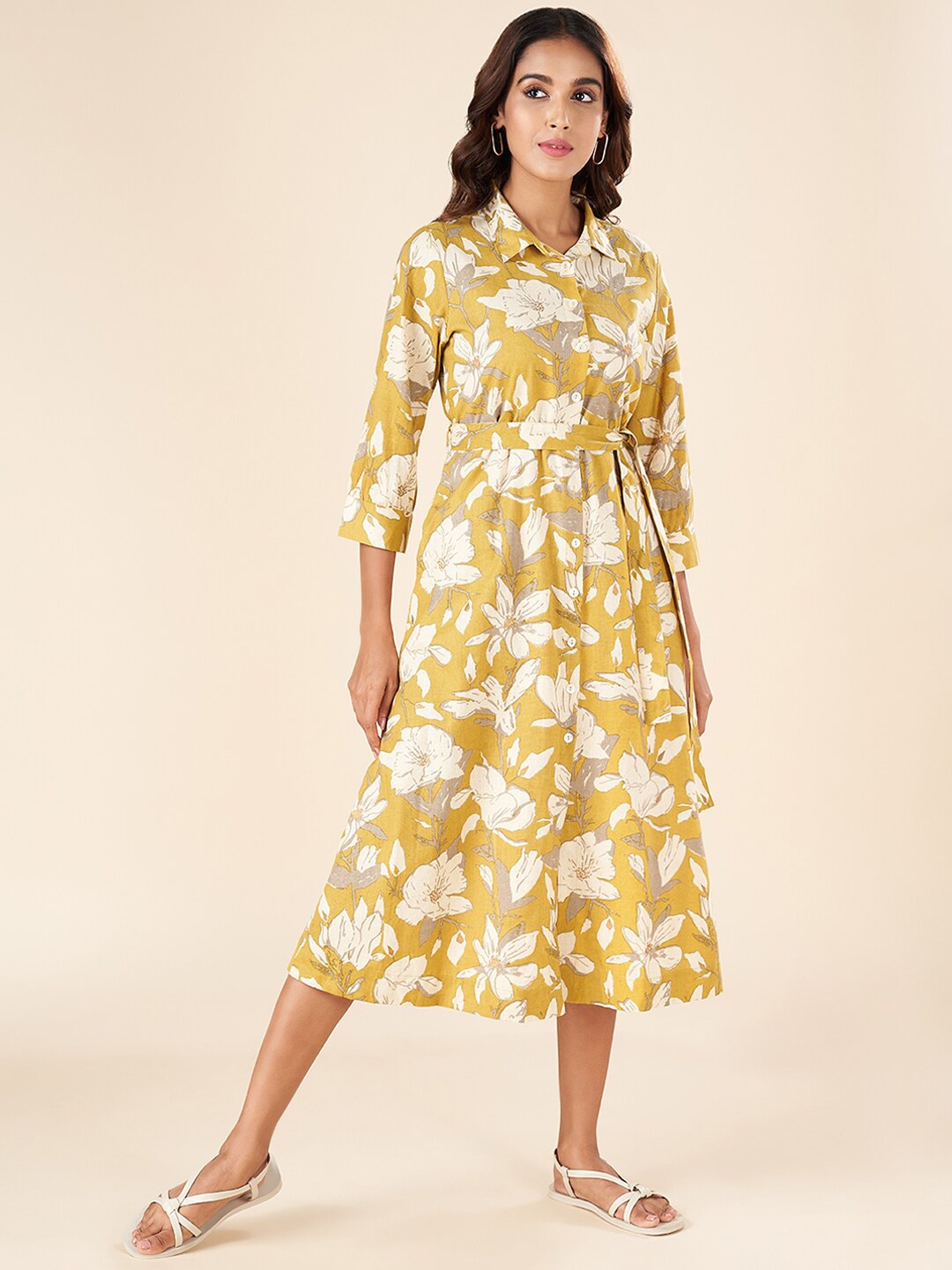 

AKKRITI BY PANTALOONS Floral Print Shirt Collar Tie-Ups Shirt Midi Dress, Mustard