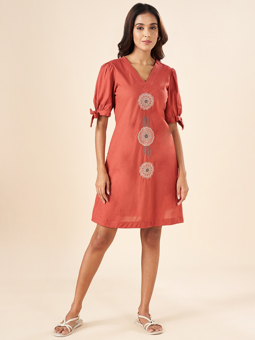 

AKKRITI BY PANTALOONS Floral Embroidered V-Neck Puff Sleeve Tie-Ups Cotton A-Line Dress, Rust